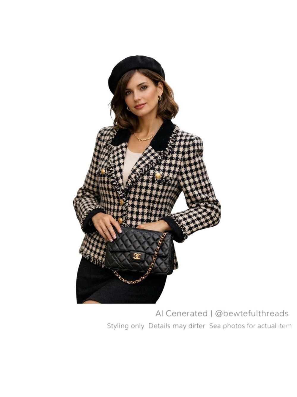 Vintage Bicci Florine Wachter Houndstooth Fringe Wool Blazer M 10-12